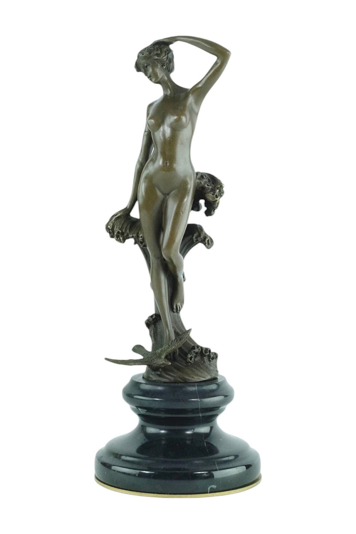 Bronze Sculpture of a Female Standing in Waves with a Bird Mythology Statue Bronze Female Sculpture Inspired by Leonardo Bistolfi Female Art
