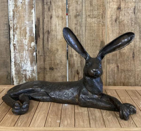 Bronze Sculpture of a Hare Lying Down Animal Art Statue Bronze Hare Sculpture Hunting Decoration Bronze Hare Statue Outdoor Hunting Statue