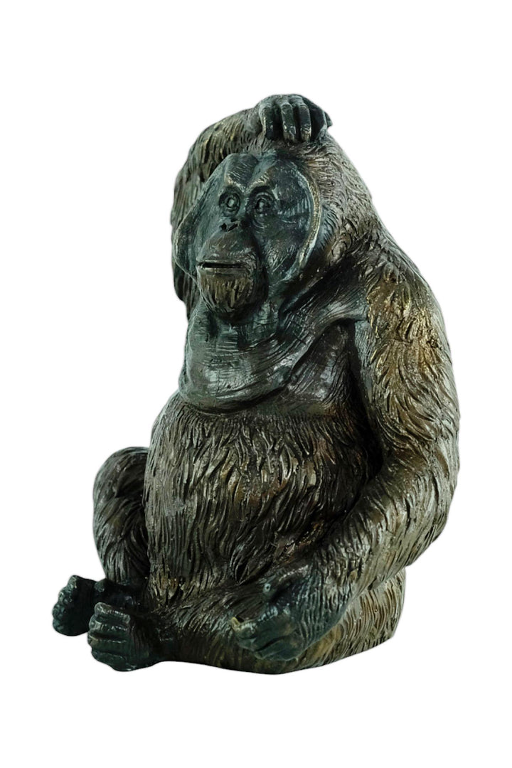 Bronze Sculpture of a Sitting Orangutan Scratching it's Head Animal Art Statue Bronze Monkey Sculpture Orangutan Decoration Wildlife Art