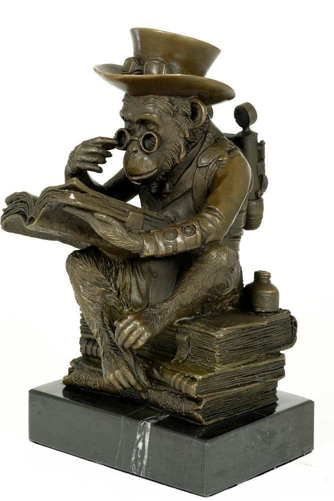 Bronze Sculpture of a Monkey on a Pile of Books Philosophizing Monkey in Steampunk Style Bronze Ape Sculpture Darwins Ape Art Statue