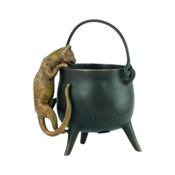 Bronze Sculpture of a Curious Cat Climbing into a Cauldron in Vienna Bronze Style Cat Lovers Gift Bronze Cat Statue Viennese Bronzes Art