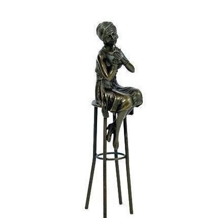 Bronze Sculpture of a Female on Barstool Putting on Lipstick Bronze Female Statue Bronze Woman Figurine Female Art Statue Art Deco Sculpture