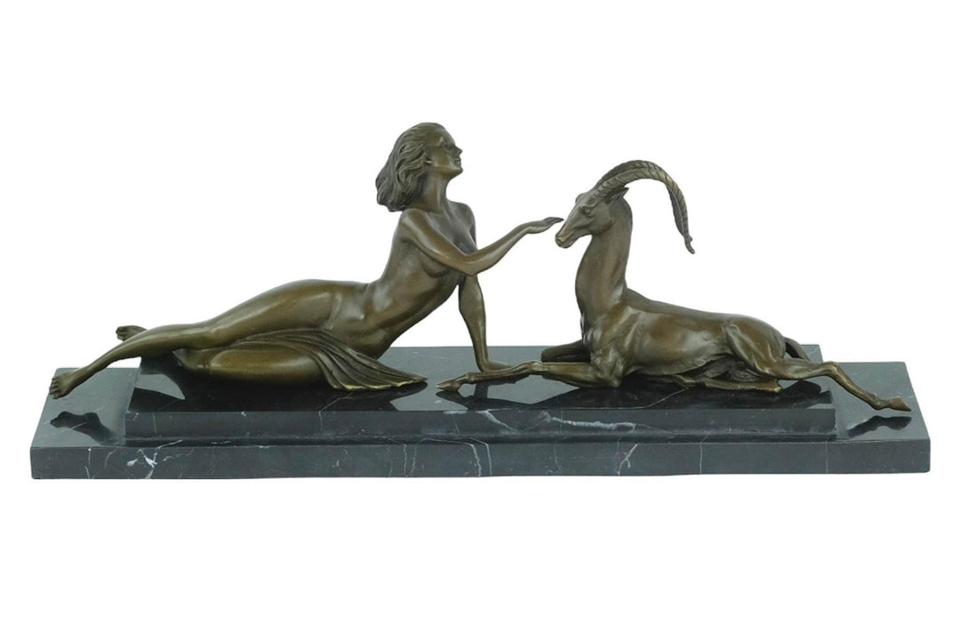 Large Bronze Sculpture of a Female with Antelope in Art Deco Style Bronze Art Statue Hunting Decoration Art Deco Statue Bronze Female Statue