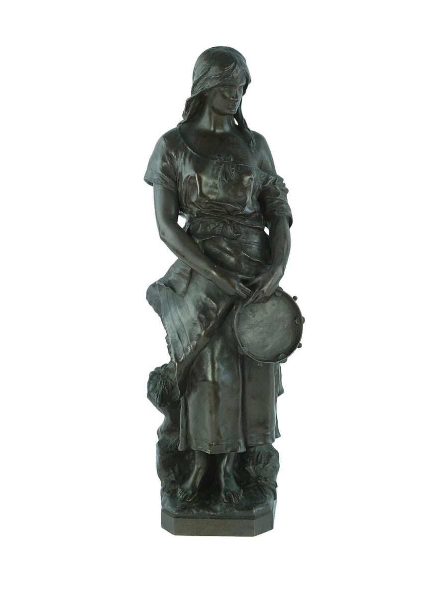 Antique Bronze Sculpture of Female with Tambourine 'Esmeralda' by Eugène Marioton Antique French Statue French Antiques Marioton Statue