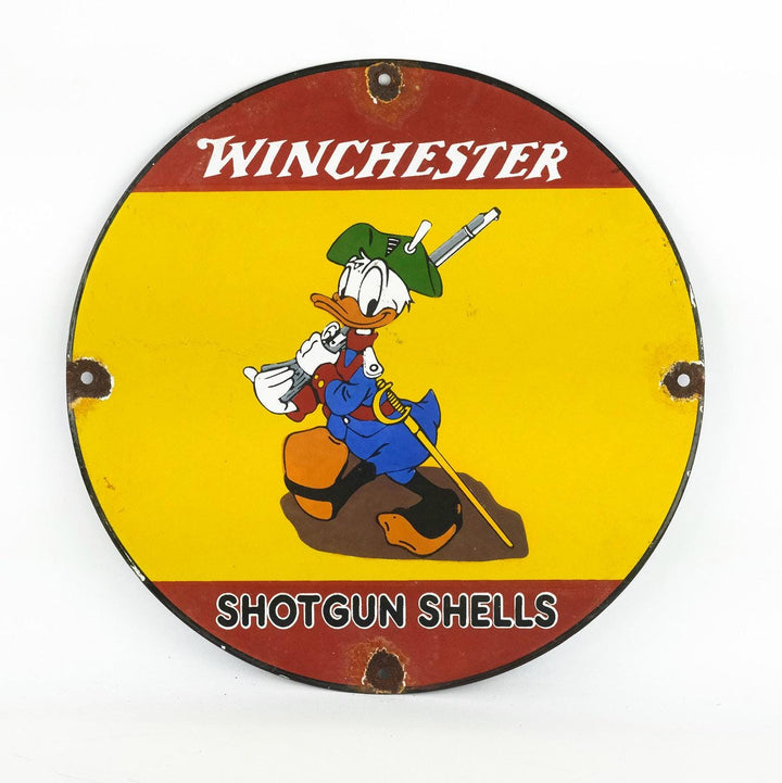 Metal with Enamel Sign of Winchester Shotgun Shells Hunting Decoration Enamel Sign Donald Duck Collectable Hunting Lovers Gift Mancave Deco