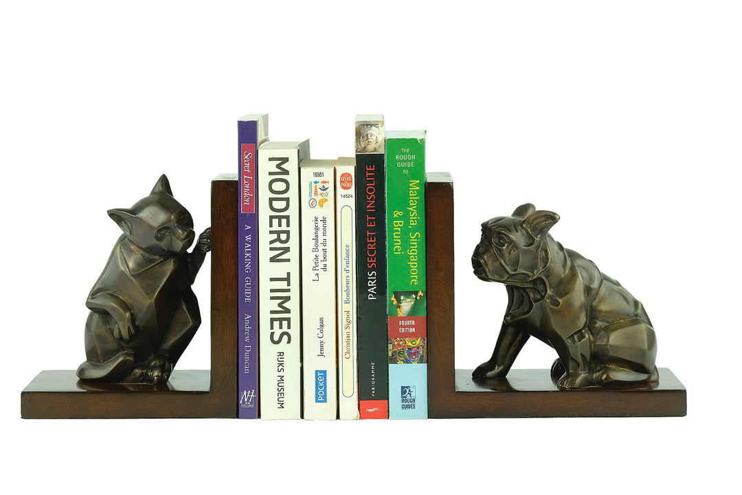 Dog and Cat Bookends in Bronze on Wooden Stands Art Deco Bookends Animal Lovers Gift Cubist Animal Sculpture Bronze Cat Sculpture Dog Statue