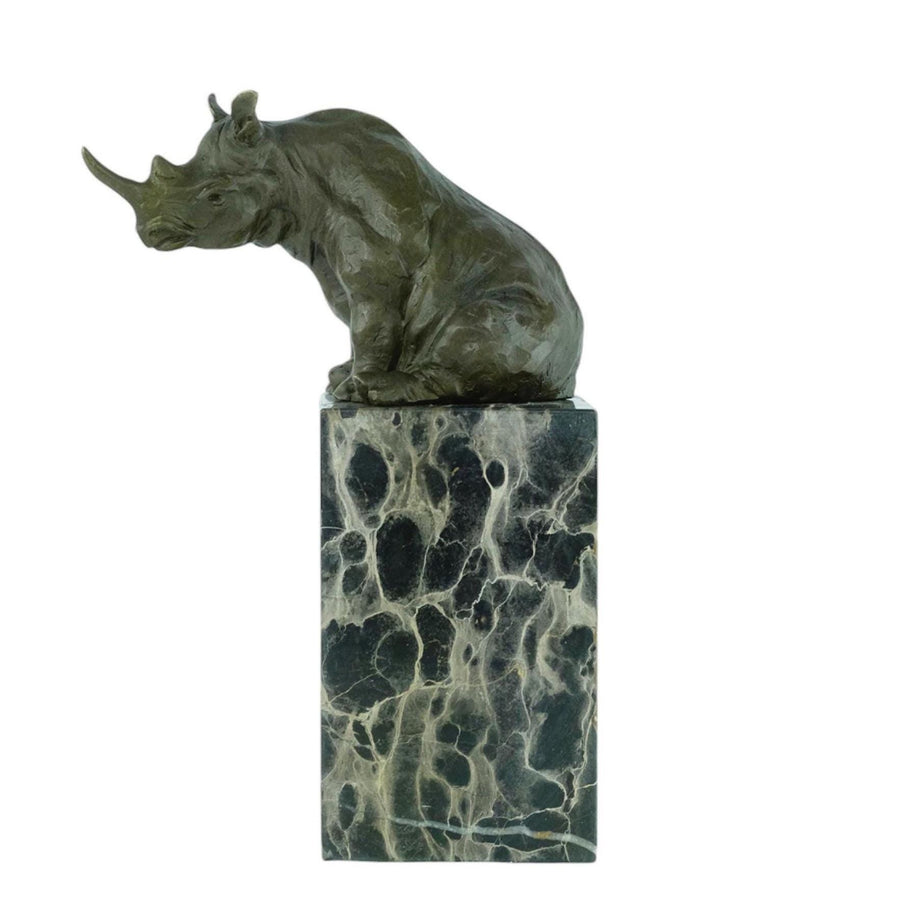 Bronze Sculpture of a Sitting Rhino on Marble Column Animal Art Statue Bronze Wildlife Sculpture Hunting Decoration Rhinoceros Sculpture