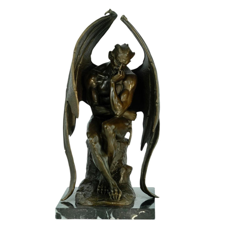 Bronze Sculpture of Pensive Satan on Marble Base Contemporary Art Statue Bronze Satan Sculpture Steampunk Decoration Mythology Sculpture