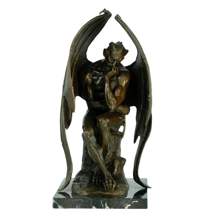 Bronze Sculpture of Pensive Satan on Marble Base Contemporary Art Statue Bronze Satan Sculpture Steampunk Decoration Mythology Sculpture