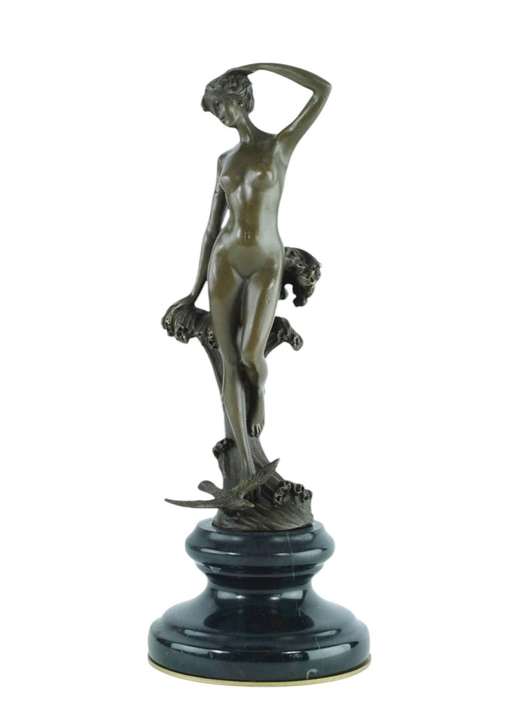 Bronze Sculpture of a Female Standing in Waves with a Bird Mythology Statue Bronze Female Sculpture Inspired by Leonardo Bistolfi Female Art