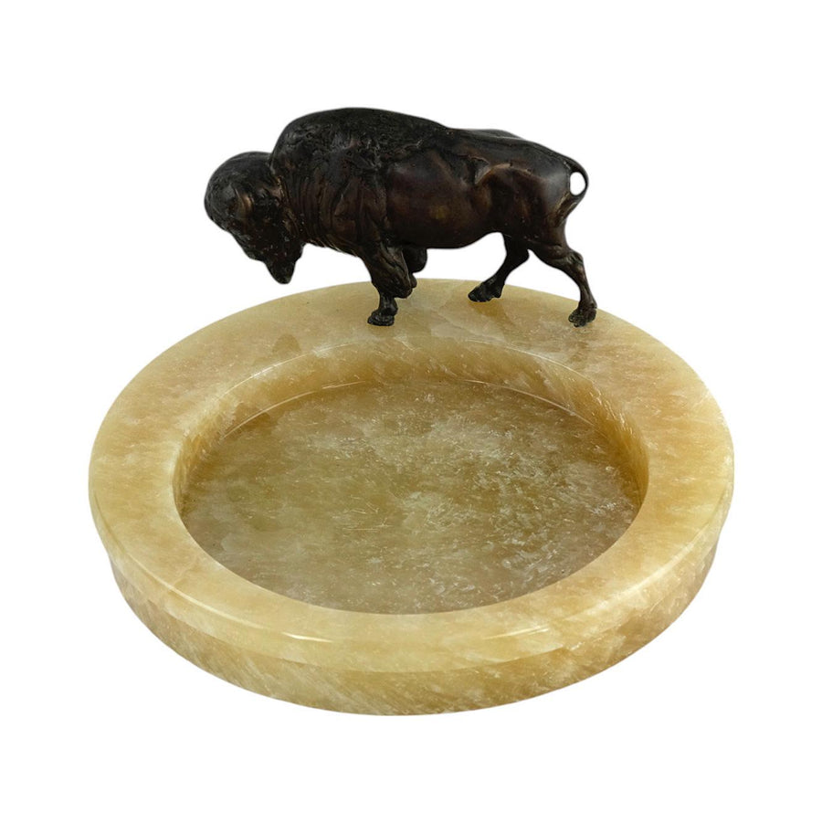 Onyx Tray with Bronze Sculpture of a Bison Animal Art Decoration Hunting Decoration Wildlife Sculpture Vide Poche Unique Ashtray Bison Decor