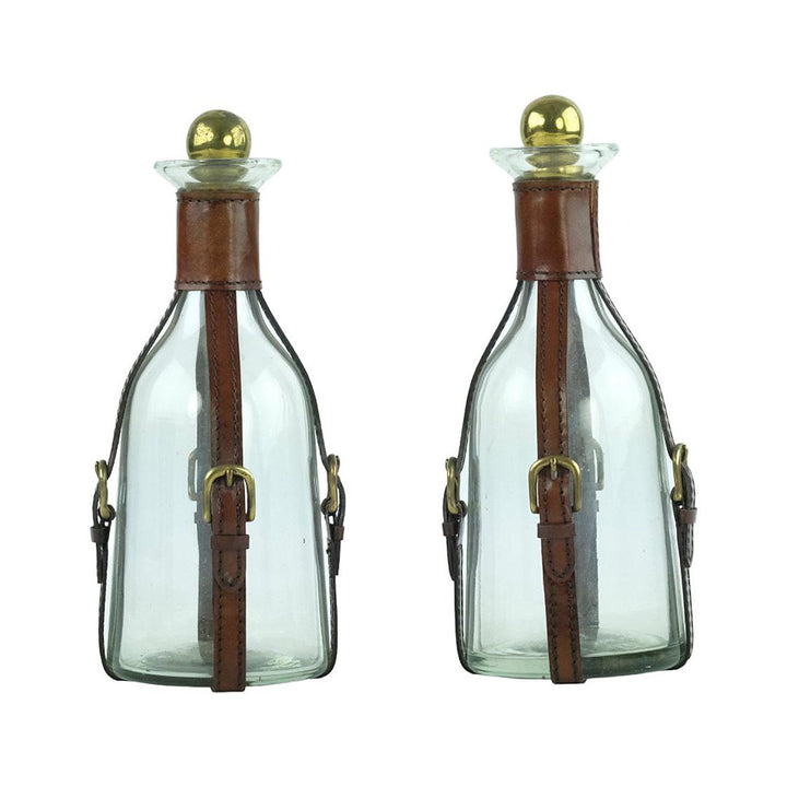 Set of Two Glass Cognac Decanters with Leather Straps in Art Deco Style Cognac Lovers Gift Cognac Bottle Liquor Decanter Mancave Decoration