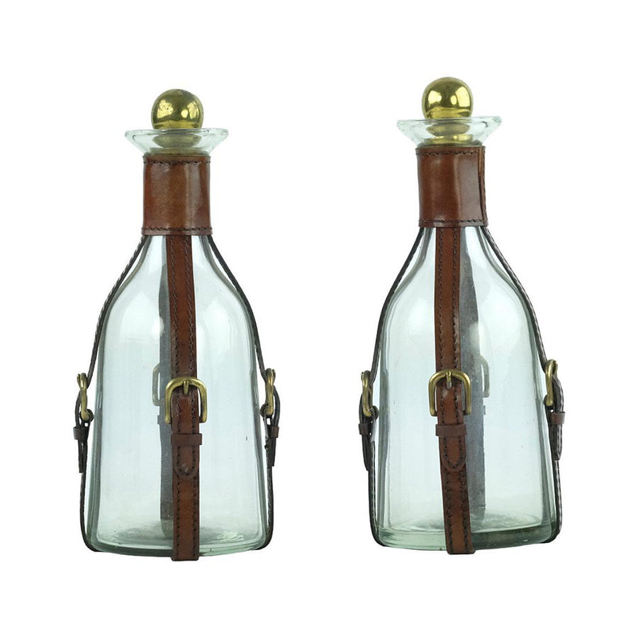 Set of Two Glass Cognac Decanters with Leather Straps in Art Deco Style Cognac Lovers Gift Cognac Bottle Liquor Decanter Mancave Decoration
