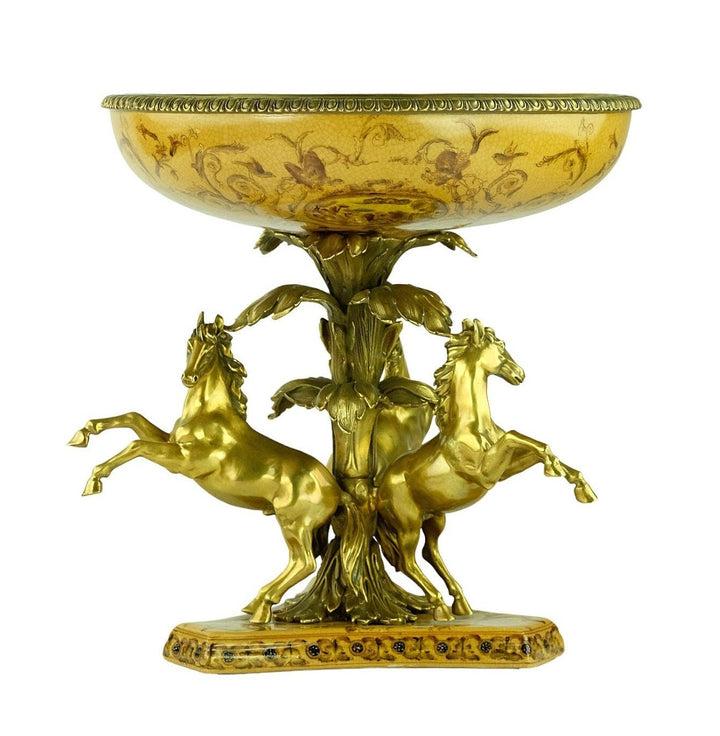 Large Porcelain Centerpiece Carried by Three Bronze Horses Unique Centerpiece Fruit Bowl Art Nouveau Decoration Horse Lovers Gift Tray