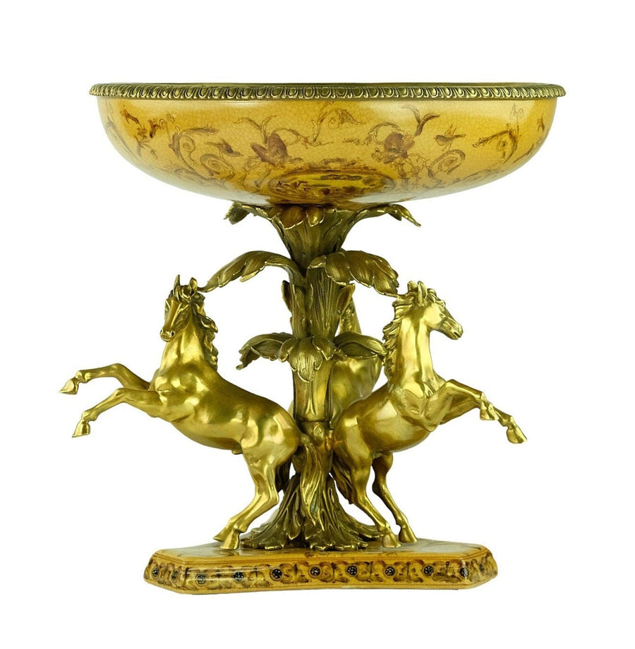 Large Porcelain Centerpiece Carried by Three Bronze Horses Unique Centerpiece Fruit Bowl Art Nouveau Decoration Horse Lovers Gift Tray