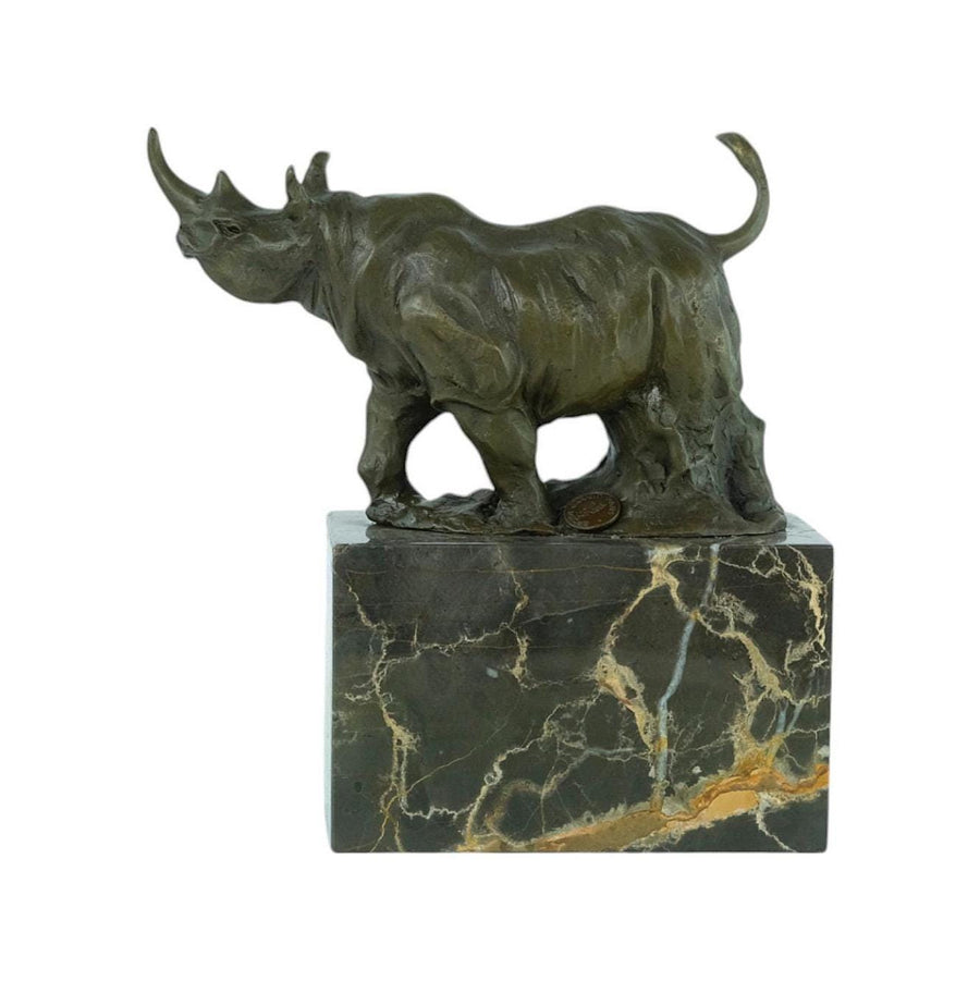 Bronze Sculpture of a Rhino on Marble Base Animal Art Statue Bronze Rhino Statue Wildlife Sculpture African Animal Decoration Hunting Statue