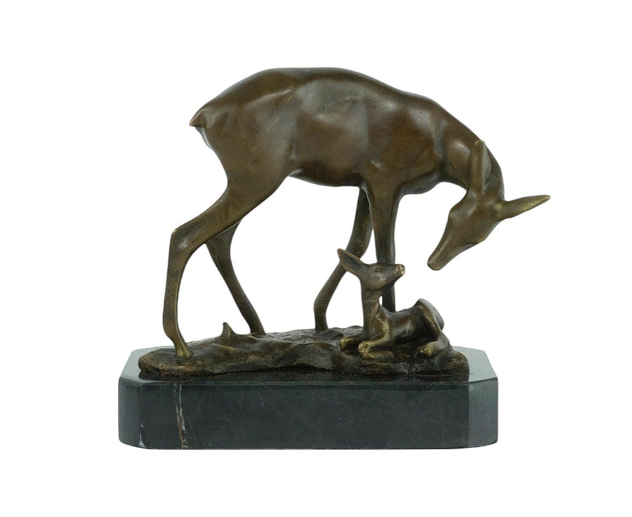 Bronze Sculpture of a Doe with her Fawn on Marble Base Inspired by Barye Bronze Statue Hunting Decoration Bronze Deer Sculpture Animal Art