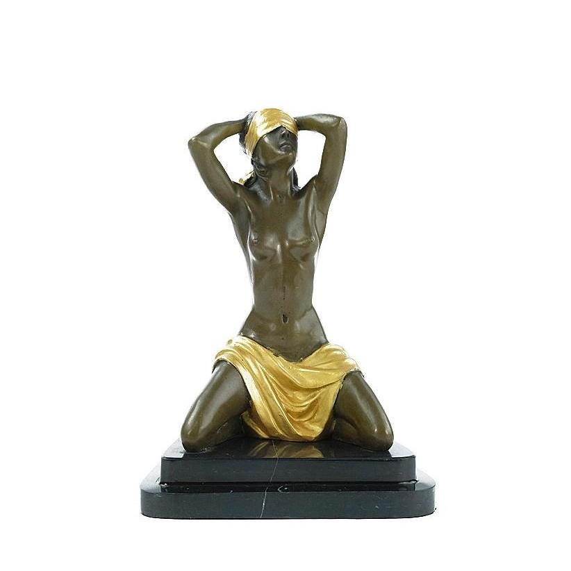Bronze Sculpture of a Blindfolded Female Nude Bronze Female Nude Statue Erotic Art Statue Kneeling Woman Figurine Bronze Female Art