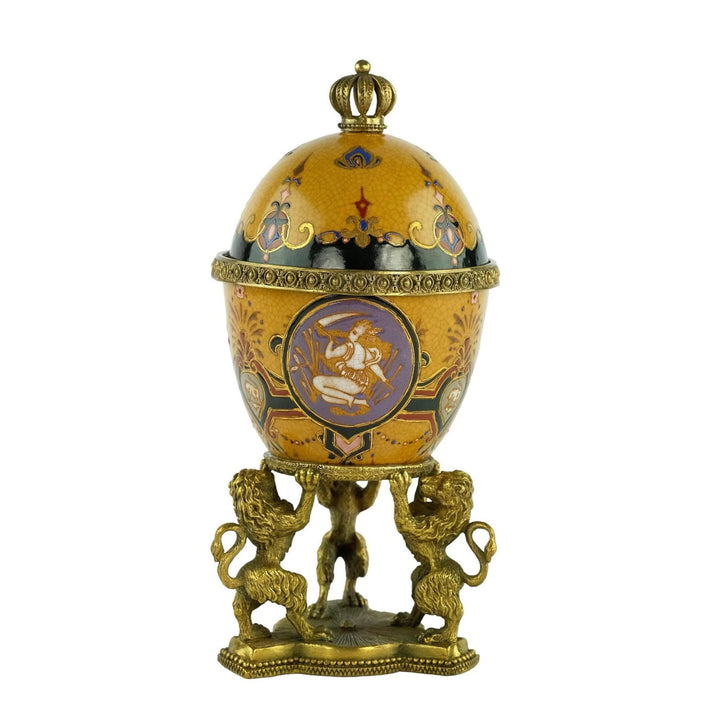 Porcelain Egg Shaped Box Carried by Three Bronze Lions Box with Lid Jewelry Box Porcelain Faberge Egg with Bronze Decoration Art Collectable