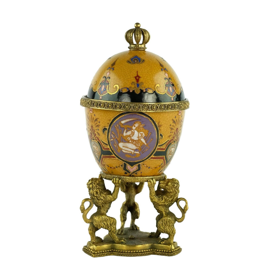 Porcelain Egg Shaped Box Carried by Three Bronze Lions Box with Lid Jewelry Box Porcelain Faberge Egg with Bronze Decoration Art Collectable