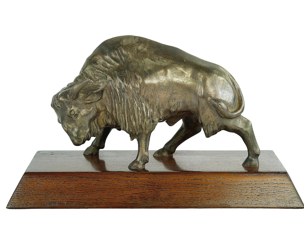 Nickel Plated Bronze Sculpture of a Bison on Wooden Plateau Bronze Bison Statue Art Deco Animal Sculpture Bronze Wildlife Sculpture Hunting