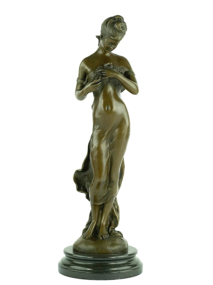 Bronze Sculpture of Female with Bird after Auguste Moreau Bronze Female Statue French Bronze Sculpture Standing Female Figurine Antique Art