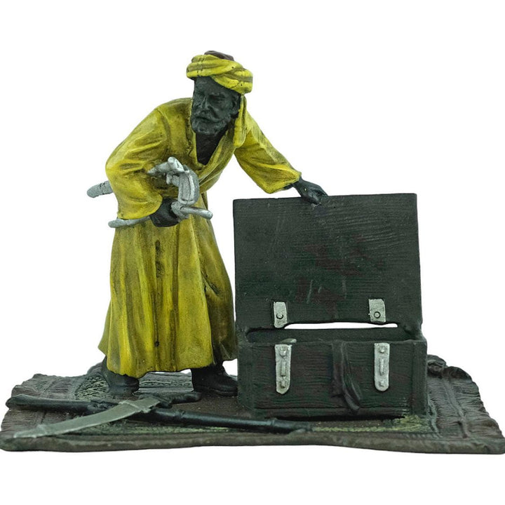 Cold Painted Bronze Sculpture of an Arabian Male on a Rug with Weapon Chest in Vienna Bronze Style Franz Bergman Bronzes Art Nouveau Statue