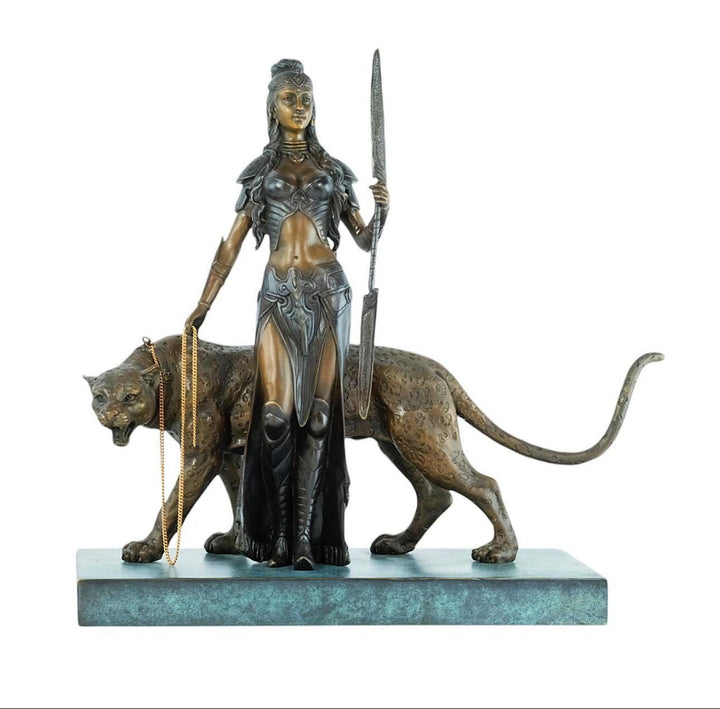 Bronze Sculpture of Cleopatra with a Panther and Spear Bronze Art Statue Cleopatra Sculpture Mythology Art Egyptian Art Sculpture Panther