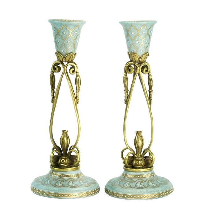 Pair of Bronze Mounted Porcelain Candle Holders in Jugendstil Style with Flower Motifs Art Nouveau Decoration Candlestick Holders Candle Art