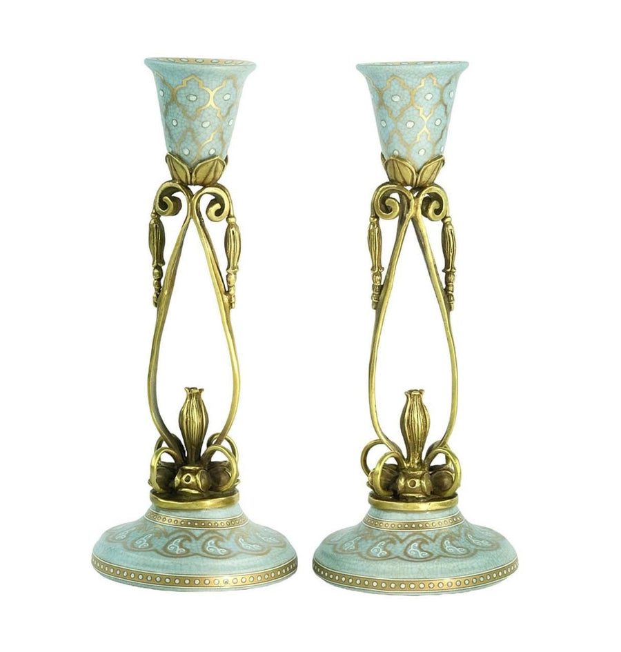 Pair of Bronze Mounted Porcelain Candle Holders in Jugendstil Style with Flower Motifs Art Nouveau Decoration Candlestick Holders Candle Art