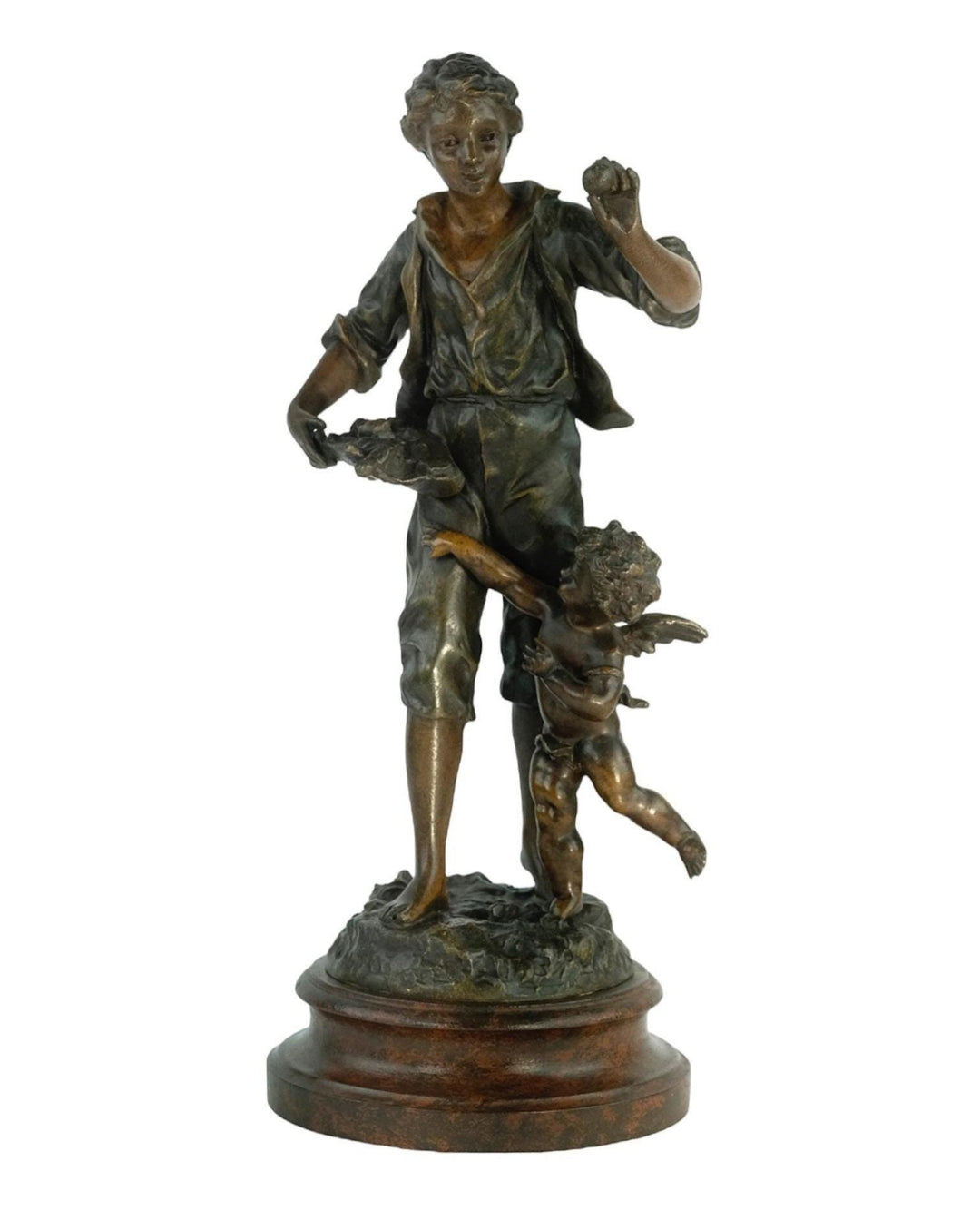 Antique Spelter Sculpture of a Young Male with Fruit and a Cherub by Ernest Rancoulet French Antique Statue Male with Putto Antique Art
