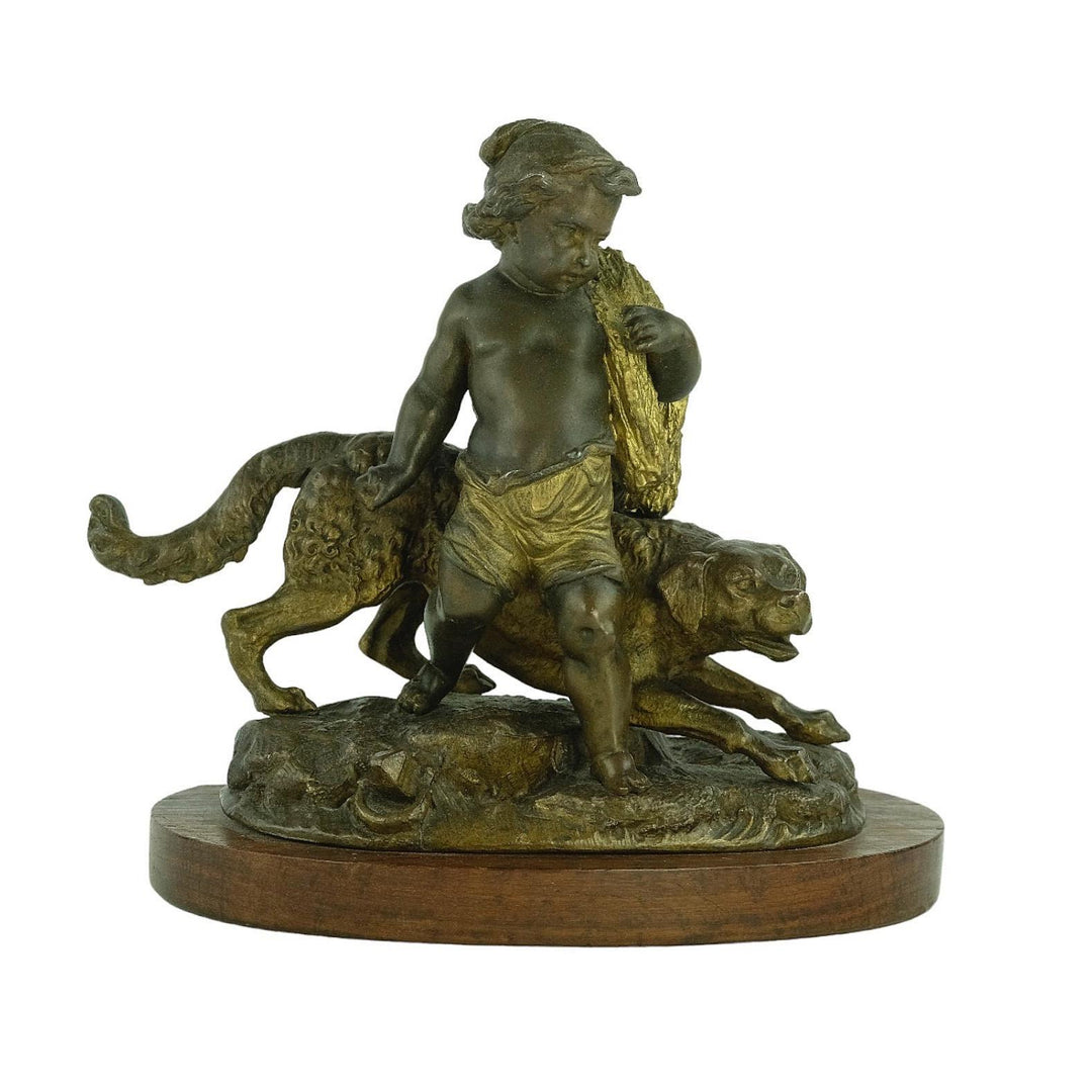 Antique Spelter Sculpture of a Boy with a Hunting Hound French Antiques Hunting Decoration Antique Statue Boy with Hunting Dog Sculpture