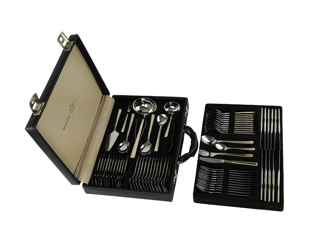 12 Persons Luxury Cutlery Set in Suitcase by SBS Solingen - 69 Pieces - 24 Carat Gold Plated Cutlery Set - German Cutlery Set by Solingen