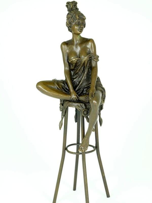 Bronze Female on Barstool Figurine Art Nouveau Style Bronze Sculpture Seductive Female Statue Jugendstil Collectable Bronze Female Sculpture