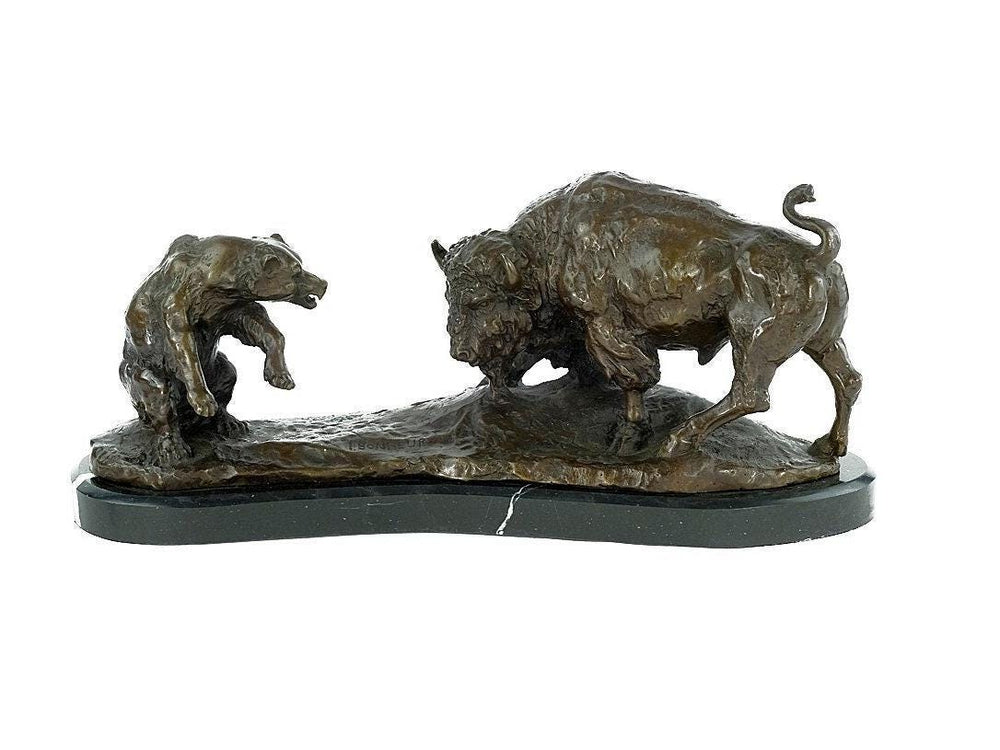 Large Bronze Sculpture of a Bear Fighting a Bison Animal Art Figurine Bronze Bison Statue Wildlife Sculpture Hunting Decoration Bronze Bear