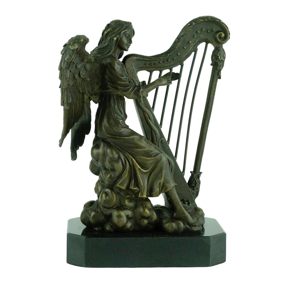 Bronze Sculpture of an Angel Playing the Harp Bronze Mythology Statue Winged Angel Sculpture Harp Lovers Gift Bronze Music Sculpture Harp