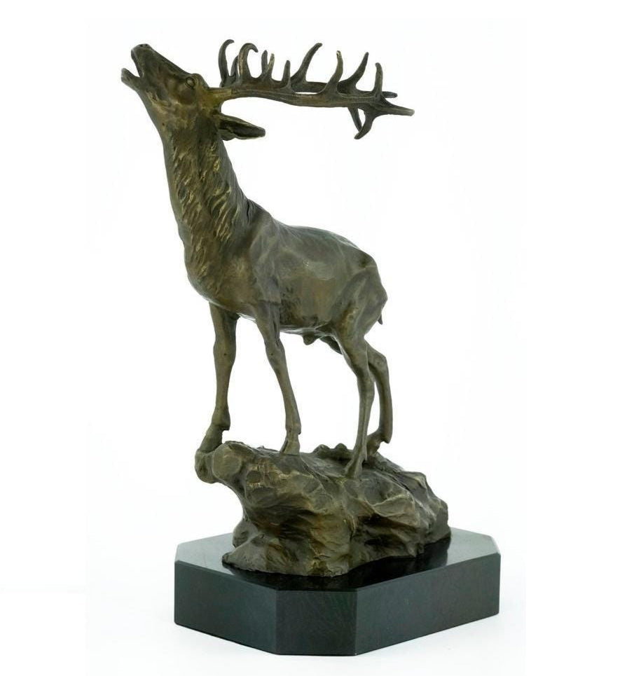 Bronze Deer Statue Bellowing Deer Sculpture Deer on Rock Figurine Red Deer with Large Antlers Sculpture Animal Art Figurine Deer Decoration