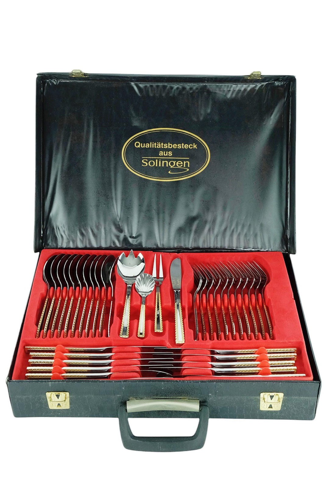 12 Persons Luxury Cutlery Set in Suitcase by SBS Solingen - 82 Pieces - 24 Carat Gold Plated Cutlery Set - German Cutlery Set by Solingen