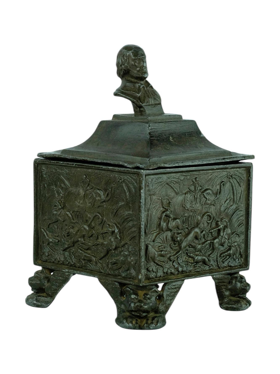 Antique Lead Tobacco Pot with Hunting Scene Decoration from England 19th Century Tobacco Jar Hunting Decoration Hunter Gift Tobacco Gift