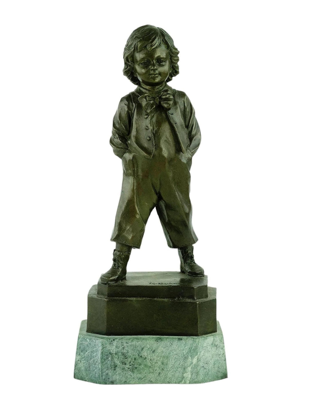Antique Bronze Sculpture of Schoolboy with Hands in Pockets by R. Buhner