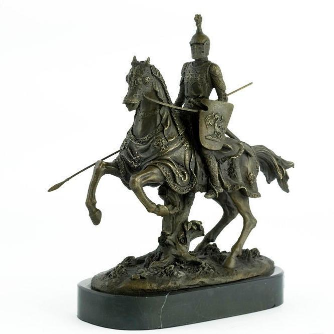 Bronze Sculpture of a Knight on Horse with Lance Art Statue Armored Knight on Horseback Ancient Art Bronze Knight Figurine Warrior on Horse