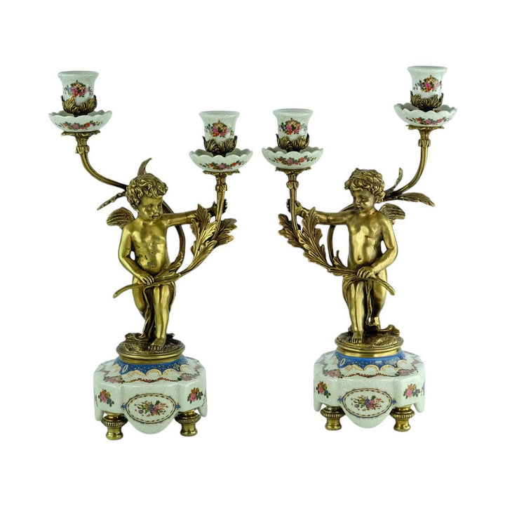 Pair of Candleholders in Porcelain and Bronze with Floral Decoration and Putti in Art Nouveau Style Cherub Candelabras Unique Candleholder
