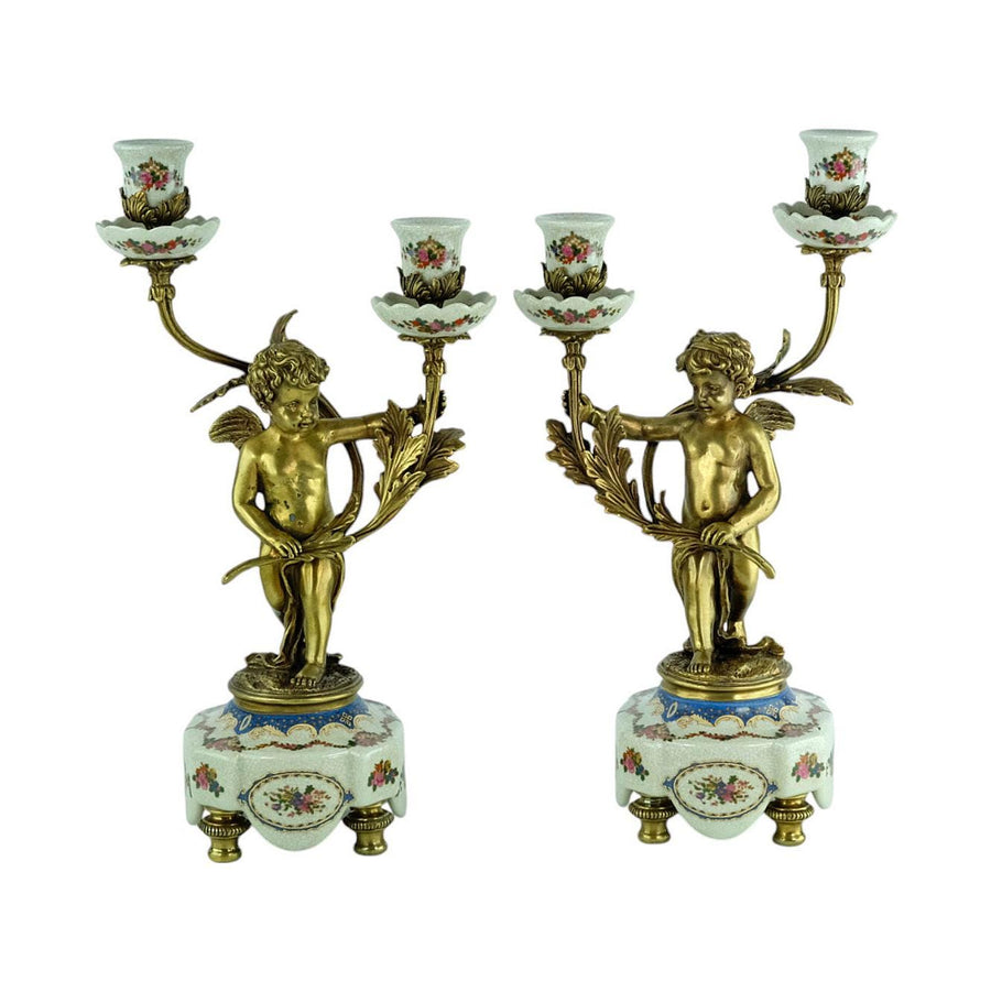 Pair of Candleholders in Porcelain and Bronze with Floral Decoration and Putti in Art Nouveau Style Cherub Candelabras Unique Candleholder