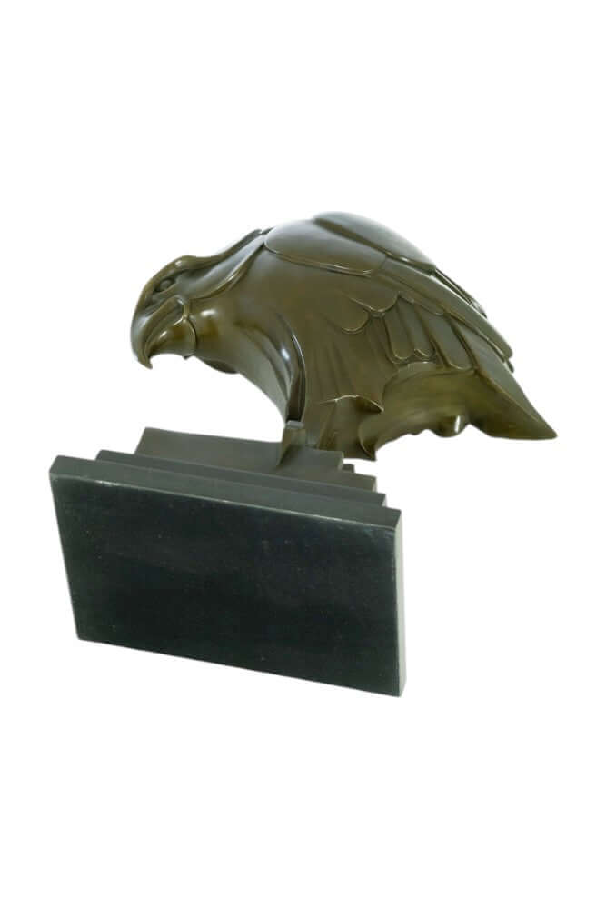 Large Art Deco bronze eagle sculpture mounted on a multi-layered marble base; finely detailed artwork.