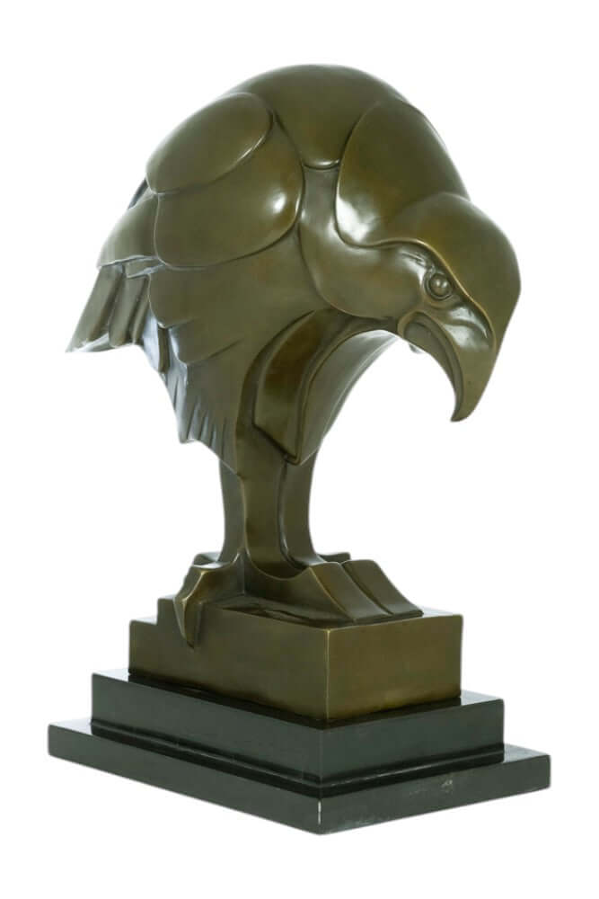 Large Art Deco bronze eagle sculpture with detailed design, mounted on a marble base, 39 cm tall.
