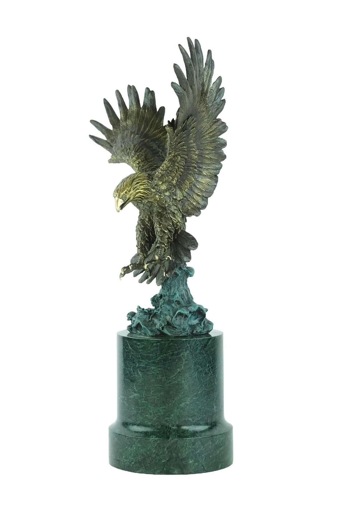 Large bronze sculpture of a fishing eagle about to catch a fish, mounted on a green marble base.