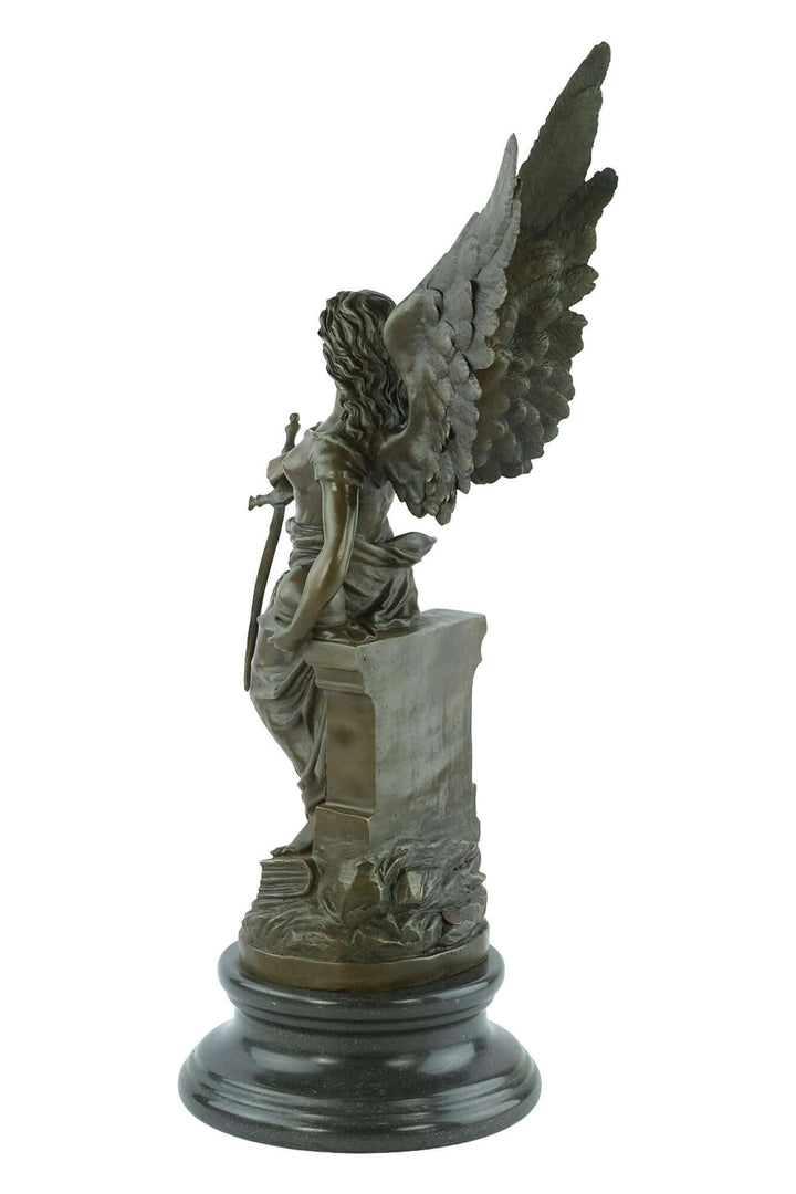 Large bronze sculpture of Minerva, the Roman goddess, featuring wings, sword, and detailed craftsmanship.