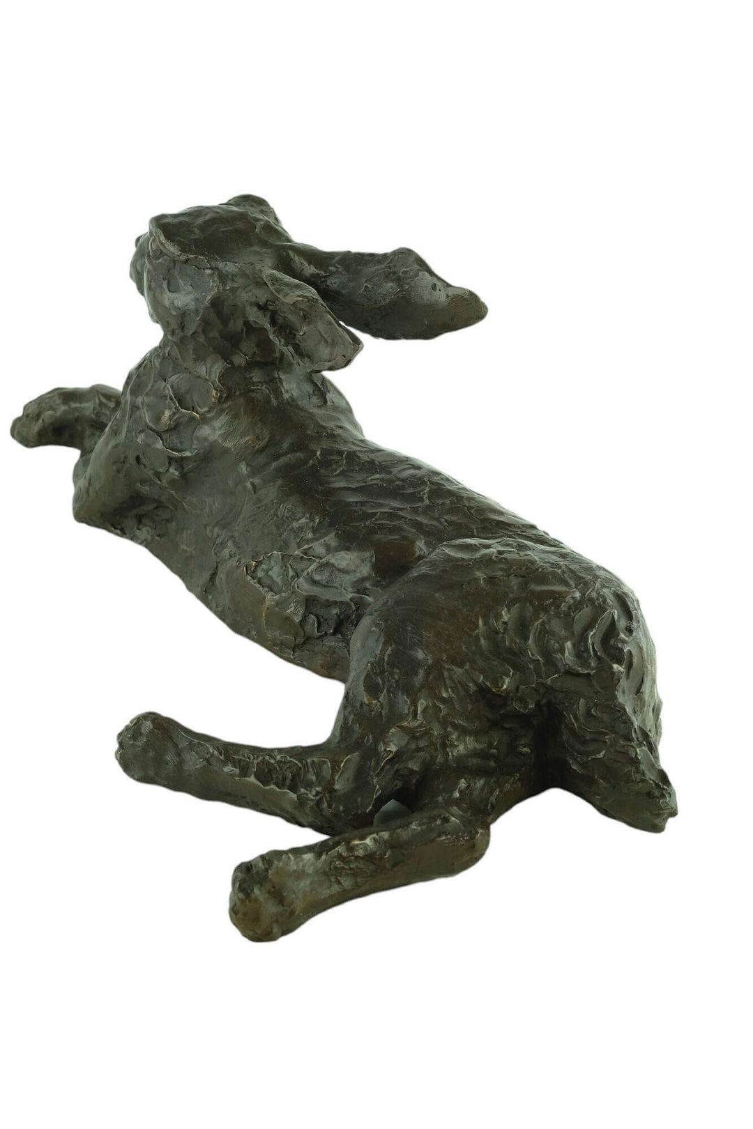 Large bronze reclining hare sculpture showcasing a detailed design in warm brown patina, perfect for decor.