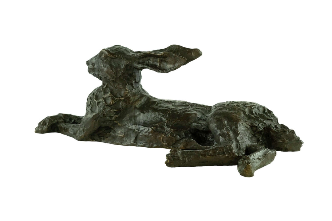 Large bronze reclining hare sculpture with intricate detail and warm patina, ideal for decorative art display.