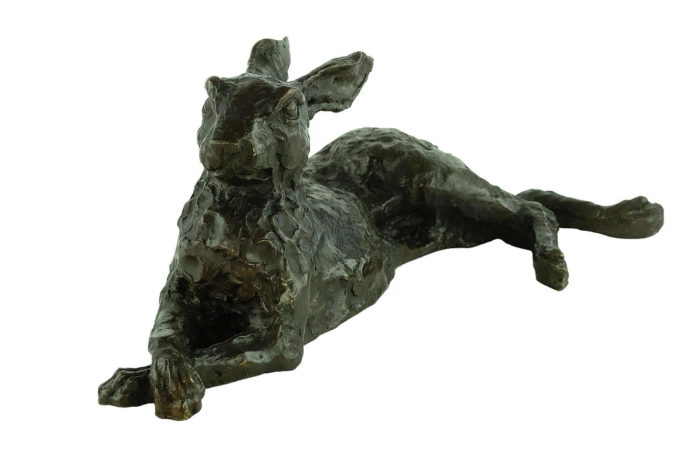 Large bronze reclining hare sculpture with detailed design and warm brown patina, ideal for decorative art.